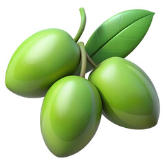 green olives with leaves 3d render icons in cartoon plastic style minimal isolated on transparent white background, clipping path