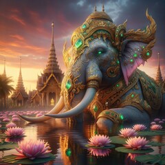 Fototapeta premium Majestic Mythical Elephant: A Divine Creature Adorned in Ornate Golden Armor and Glowing Jewels, Resting in a Lotus-Filled Pond Against a Glowing Sunset and Temple Spires
