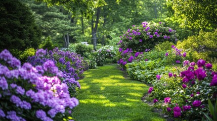 Obraz premium Picturesque landscape of purple blooms bordered by roses