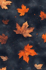 A collection of autumn leaves floating against a dark background in a tranquil setting