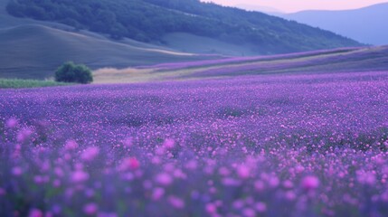 Fototapeta premium Windswept purple flower field adjacent to orderly rose plots