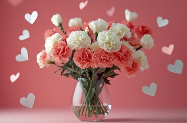 Naklejka premium Beautiful bouquet of pink and white carnations in a glass vase with heart decorations