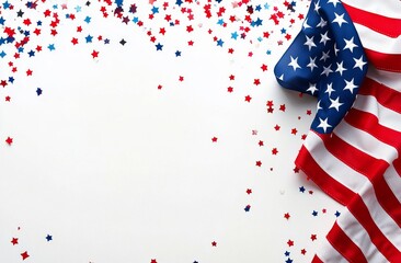 Obraz premium American flag with red white and blue confetti on a white background during a celebration event
