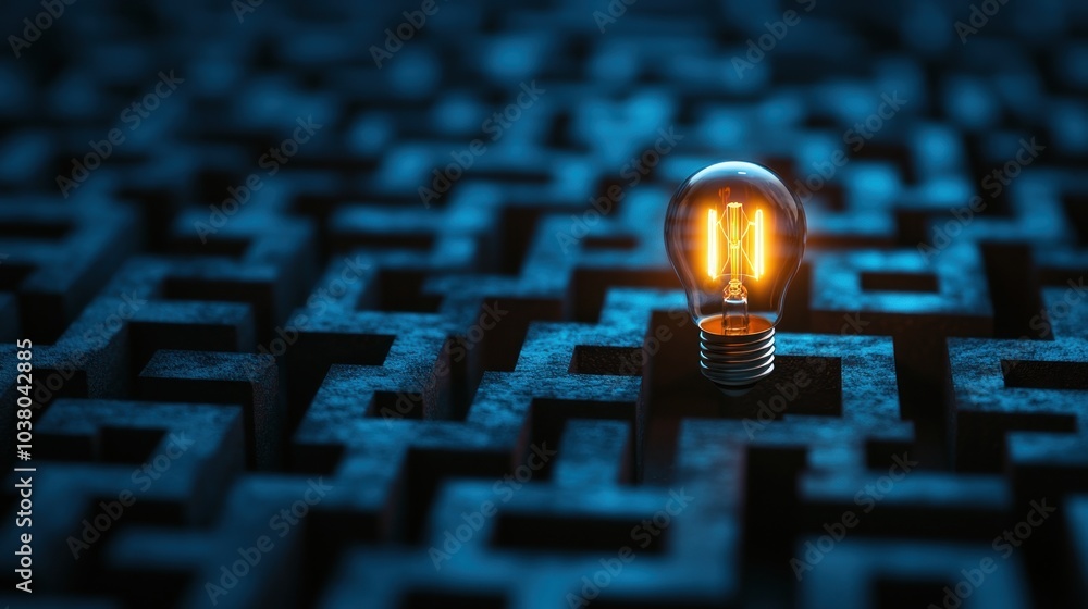 Poster a glowing light bulb illuminates a complex maze, symbolizing ideas and problem-solving.