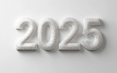 3D text "2025" with glitter texture realistic modern design, soft lighting, white background
