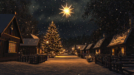 Fototapeta premium serene winter scene featuring glowing Christmas star above snow covered village. beautifully lit houses and decorated tree create warm, festive atmosphere