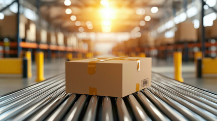 A cardboard box sits on a conveyor belt in a warehouse, illuminated by warm light, suggesting a busy distribution environment.