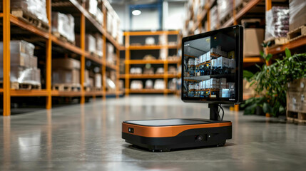 A mobile robot with a screen navigates a warehouse aisle filled with shelves of stored goods, showcasing automation in logistics.