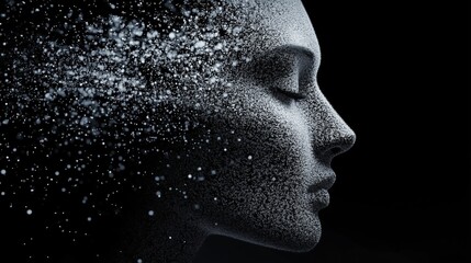 Abstract portrait of woman dissolving into particles, ethereal and surreal effect