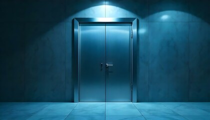 Obraz premium A closed metal elevator door in a dimly lit hallway