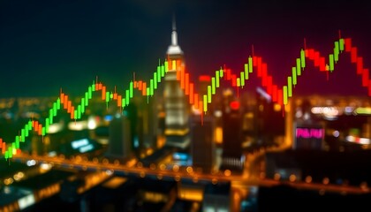 Fototapeta premium A stock market chart with candlestick graphs and financial data displayed on a blurred city background with lights and reflections