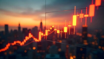 Fototapeta premium A stock market chart with candlestick graphs and financial data displayed on a blurred city background with lights and reflections