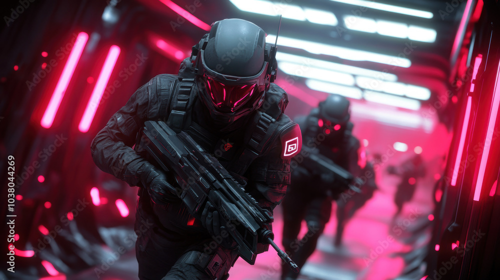 Poster Soldiers moving through trenches in a futuristic, neon-lit battlefield