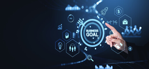 Woman finger touch business goal icons virtual hud screen, strategy and target