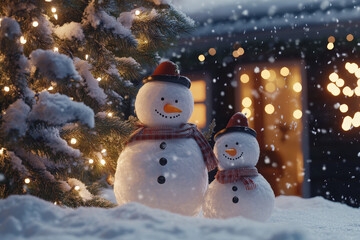 Obraz premium charming family of snowmen stands beside beautifully lit Christmas tree, surrounded by falling snowflakes. warm glow of lights creates festive atmosphere