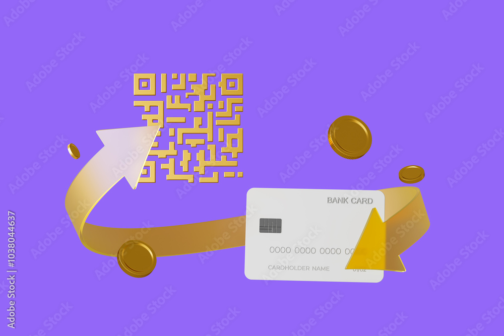 Poster digital payment concept with qr code and bank card on vibrant background. 3d rendering