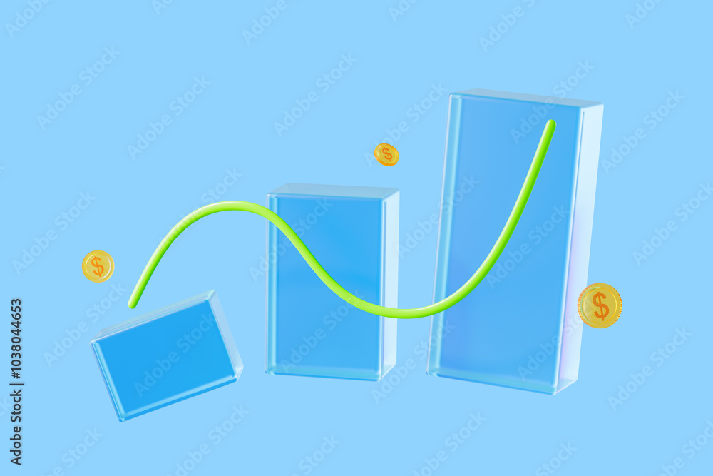 Poster 3d financial graph with currency coins on a blue background. 3d rendering