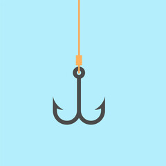 Hook and fishing line on blue background