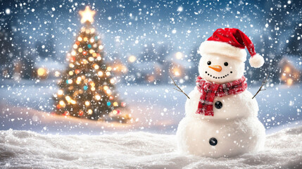 Fototapeta premium cheerful snowman wearing Santa hat and red scarf stands in snowy landscape, surrounded by falling snowflakes and beautifully lit Christmas tree in background