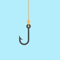 Hook and fishing line on blue background