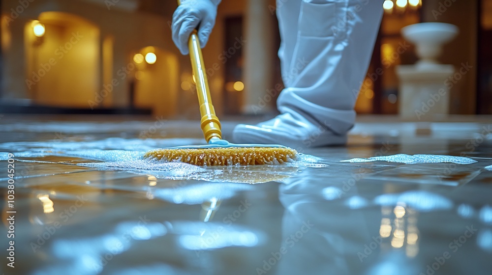 Poster employee in gloves using a mop to clean a tiled floor emphasizing hygiene and cleanliness