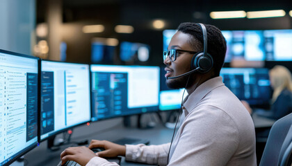 Customer service agent wearing a headset, assisting clients with technical support via live chat on multiple computer screens