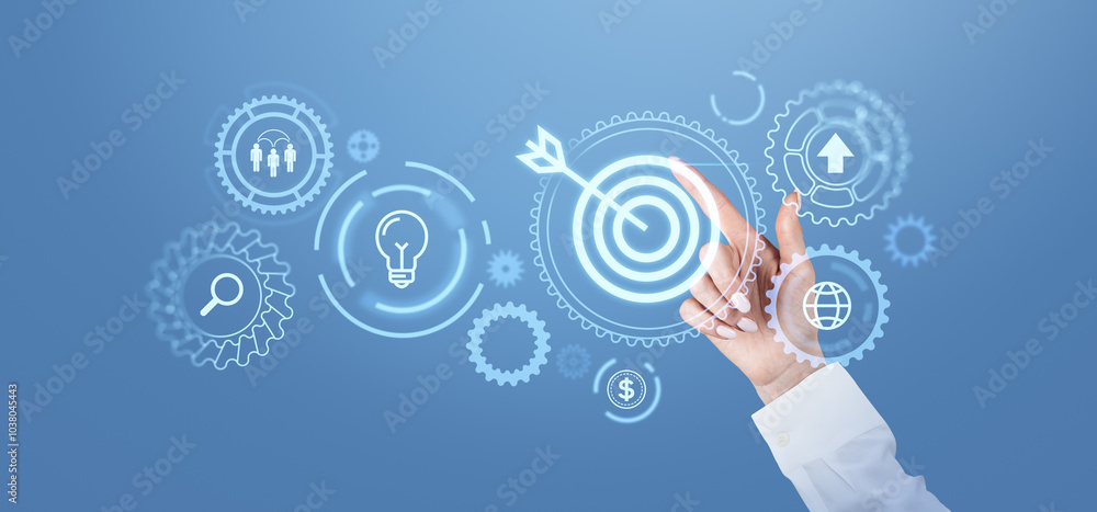Poster hand pointing at a digital target with various business-related icons on a blue background.
