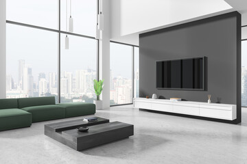 Modern living room interior with city view through large windows. 3D Rendering