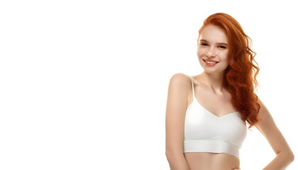 Obraz premium Self-care and wellness. Beautiful young red haired girl with slim body, posing in underwear isolated on white studio background. Concept of natural female beauty, body and skin care, health