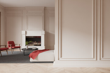 Cozy living room interior with fireplace and modern furniture design. 3D Rendering