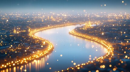 Aerial view of city lights along a river at night. Concept: urban energy and connection.