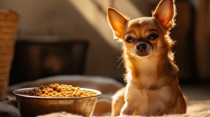 Chihuahua with expectant gaze by a bowl of kibble 