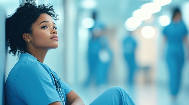 Exhausted nurse sitting on hospital floor, concept of healthcare stress and burnout.