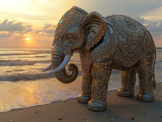 Fototapeta premium Majestic Elephant Statue on Sandy Beach: A Stunning Sunset Poster for Your Sports Room Decor, Featuring Jewel-Adorned Elegance and Serene Coastal Vibes.