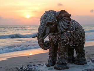 Fototapeta premium Majestic Elephant Statue on Sandy Beach: A Stunning Sunset Poster for Your Sports Room Decor, Featuring Jewel-Adorned Elegance and Serene Coastal Vibes.