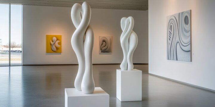 Modern Art Gallery: Abstract Sculptures in a Minimalist Setting: Two white, curvaceous sculptures stand on pedestals in a modern art gallery, showcasing contemporary art's elegance and dynamism.