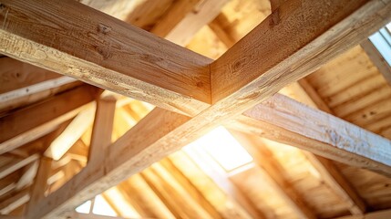 Close-up of a sunlit wooden beam with visible grain patterns in a bright, open loft space