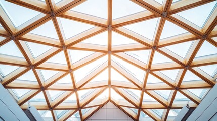 Architectural beams forming a geometric pattern in the roof of a contemporary structure