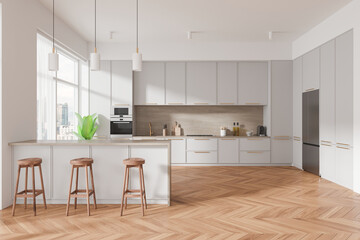 Luxury home kitchen interior with bar island and cabinet, panoramic window