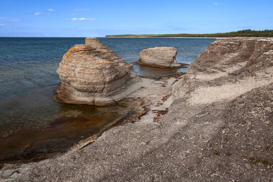 Rauken von Byrum, freestanding sandstone pillars washed out by the sea, Byrum, Oeland, Kalmar County, Sweden, Scandinavia, Europe