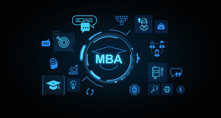 MBA glowing virtual icons hud, financial education