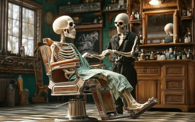 Skeleton Getting a Haircut. A 3D skeleton sitting in a barbers chair, getting a haircut (despite having no hair), with a barber skeleton working behind it.