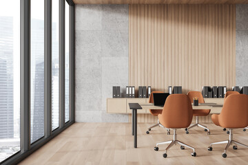 Stylish office interior with meeting board and chairs, panoramic window