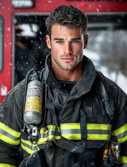 Fototapeta premium Firefighter's Resolve: A portrait of a brave firefighter, his face etched with determination, amidst a snowy backdrop, his gaze unwavering in the face of adversity.
