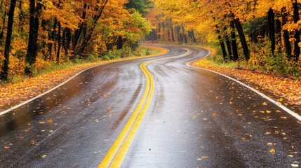 Fototapeta premium Winding road through vibrant autumn forest with colorful leaves. Concept: scenic fall journey.
