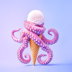A creative juxtaposition where a vanilla ice cream sits atop a cone wrapped with purple octopus tentacles, blending the worlds of dessert and sea life into a surreal art piece.
