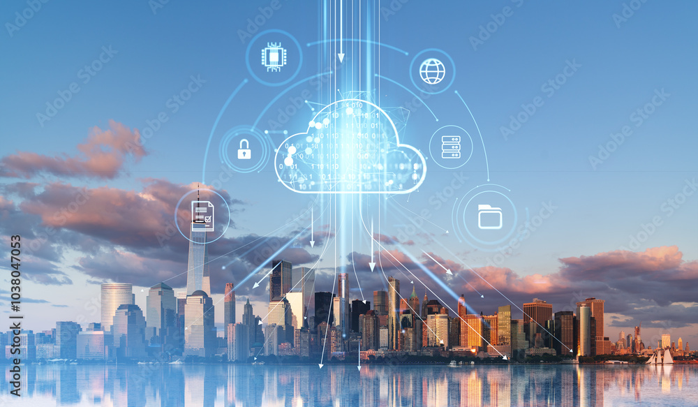Poster global data storage hologram and backup, files synchronization and city view