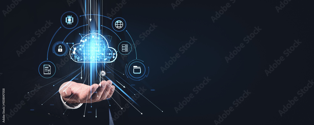 Poster man hand with glowing cloud, data storage and security. copy space