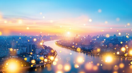 Fototapeta premium Aerial view of a city by the river at dusk, city lights glowing. Concept: urban landscape, serenity