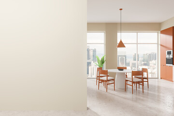 Modern dining area with a blank wall and city view. 3D Rendering
